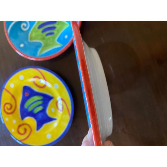 3 Ceramic 8" Fish Salad Plates Made In Italy For Vietri Bright Color Blue Yellow - Picture 6 of 6